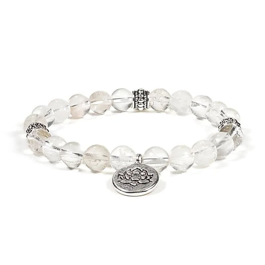 Bracelet en Cristal de Roche 21 perles | charm Lotus