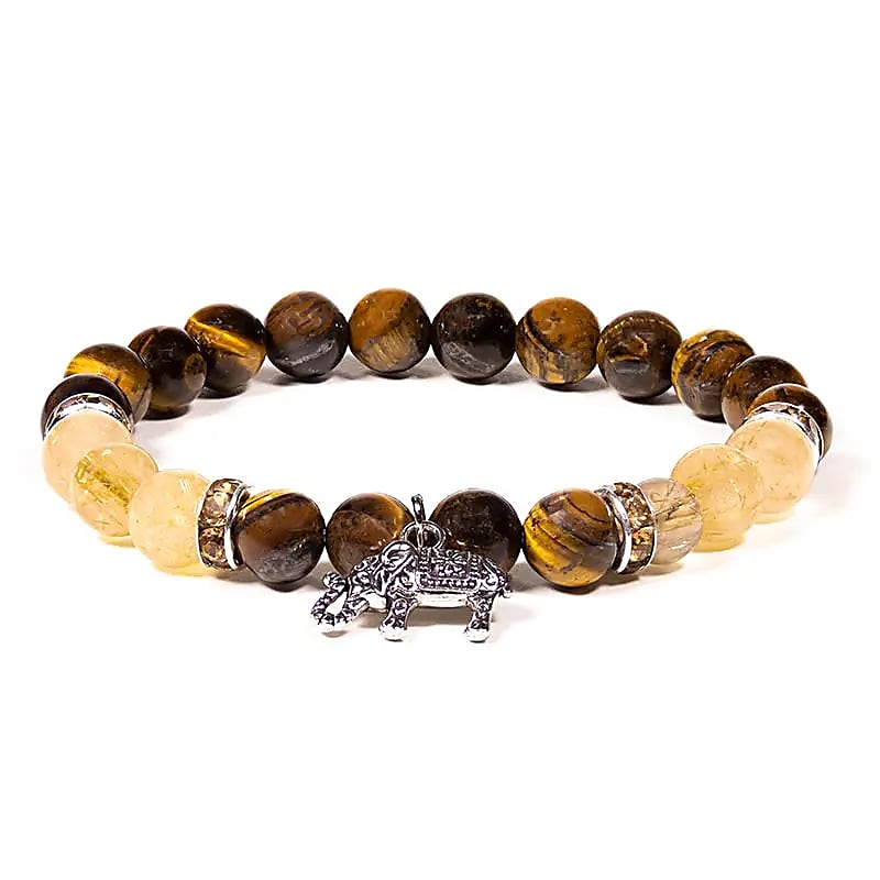 Bracelet œil de tigre et quartz rutile avec charm éléphant