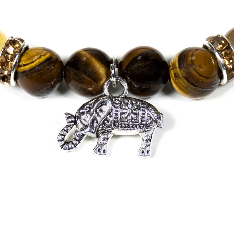 Bracelet œil de tigre et quartz rutile avec détail du charm éléphant