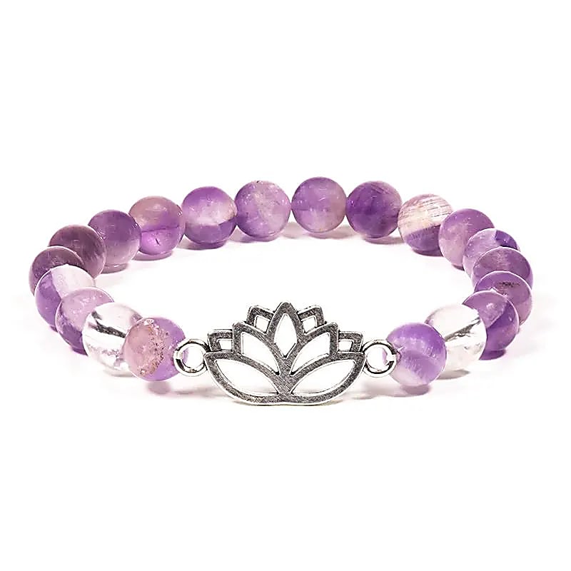 Bracelet Amethyste Chevron et Cristal de roche avec charm lotus