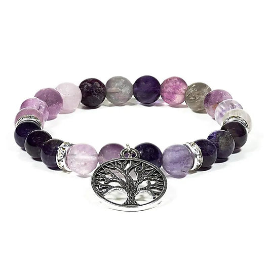 Bracelet Fluorite et Améthyste avec charm Arbre de vie