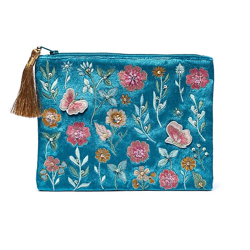 Pochette zippée en velours bleu | broderie fleurs : élégance et raffinement