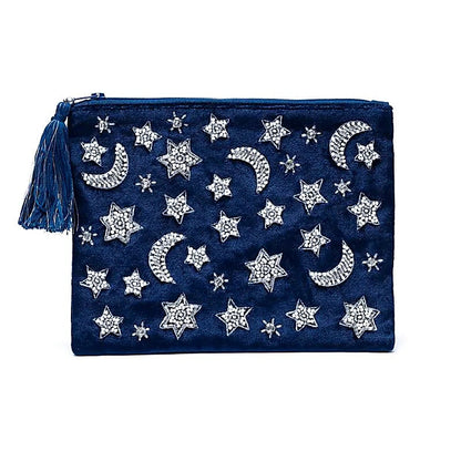 Pochette zippée en velours Bleu Foncée| broderie Lunes et Etoiles