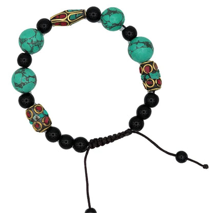 Bracelet Turquoise Corail et Agate noir ajustable - 13 mm