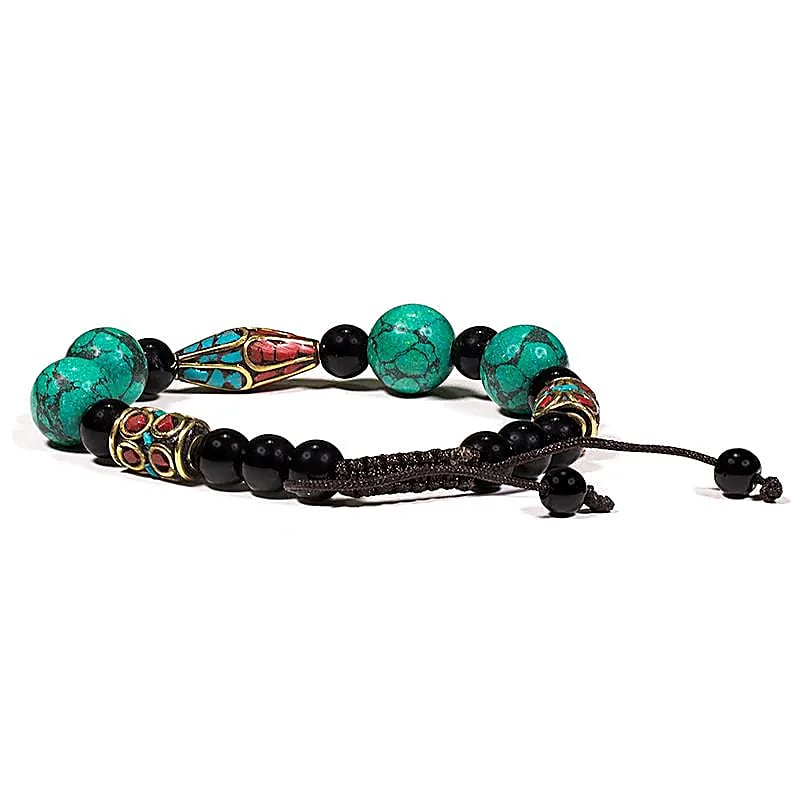 Bracelet Turquoise Corail et Agate noir ajustable - 13 mm