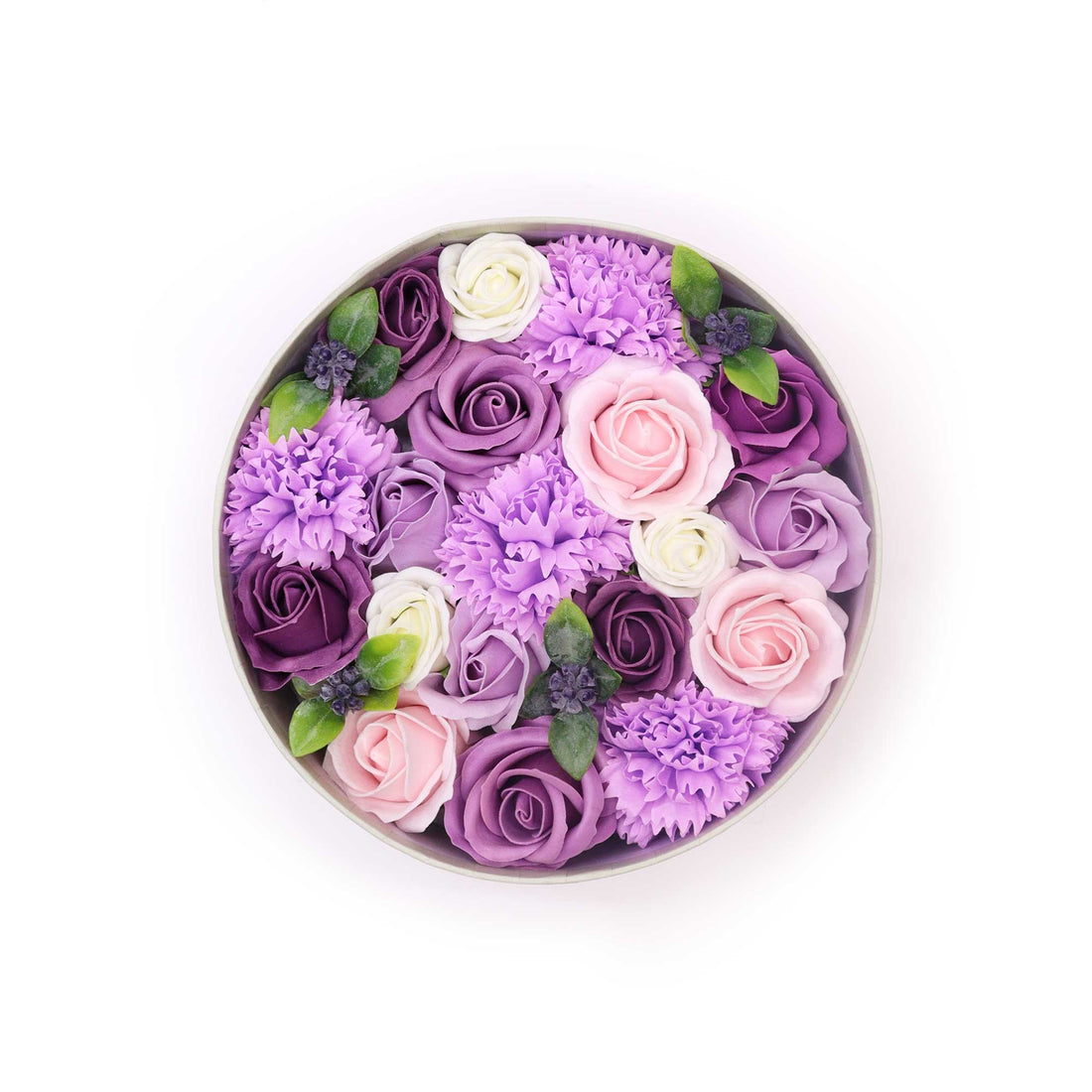 Coffret rond de fleurs de savon couleur lavande