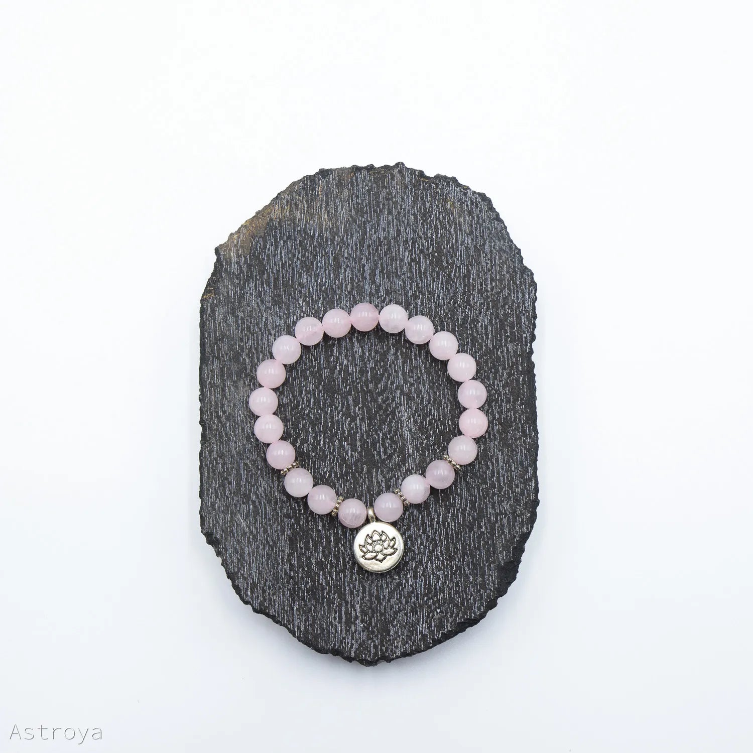 Bracelet Quartz Rose 21 perles | charm Lotus sur une pierre en marbre gris