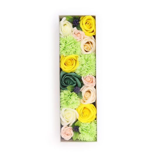 Coffret de fleurs de savon de 28 cm de haut couleurs jaune et vert